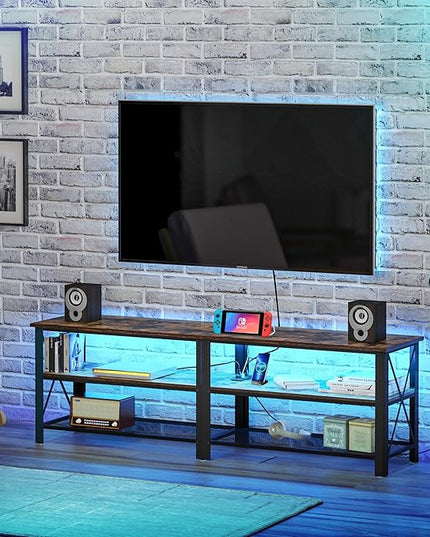 Clikuutory Modern Brown 63 inch Metal TV Stand with LED Lights and Power Outlets for 40 50 55 60 65 70 Inch TVs, 3 Tier Television Stands with Entertainment Center and Storage for Living Room, Bedroom - LeafyLoom