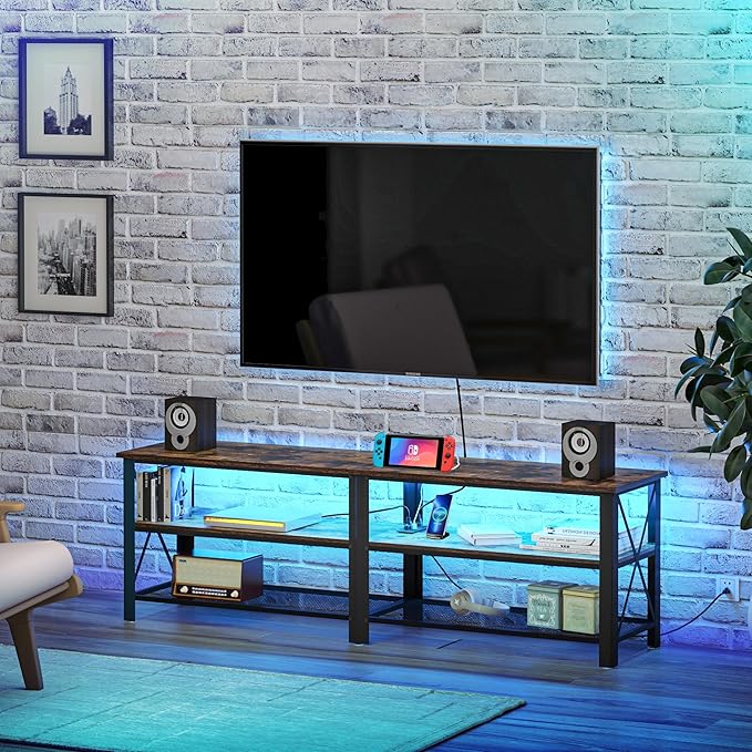 Clikuutory Modern Brown 63 inch Metal TV Stand with LED Lights and Power Outlets for 40 50 55 60 65 70 Inch TVs, 3 Tier Television Stands with Entertainment Center and Storage for Living Room, Bedroom - LeafyLoom