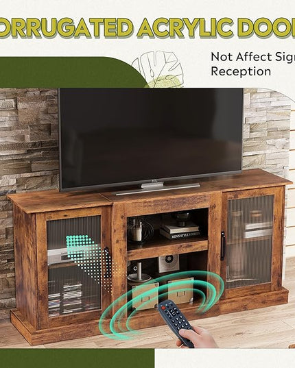 WLIVE TV Stand for 65 Inch TV, Retro Entertainment Center with Glass Cabinet Doors, 58" TV Stands for Living Room and Bedroom, Vintage Television Console, Rustic Brown - LeafyLoom