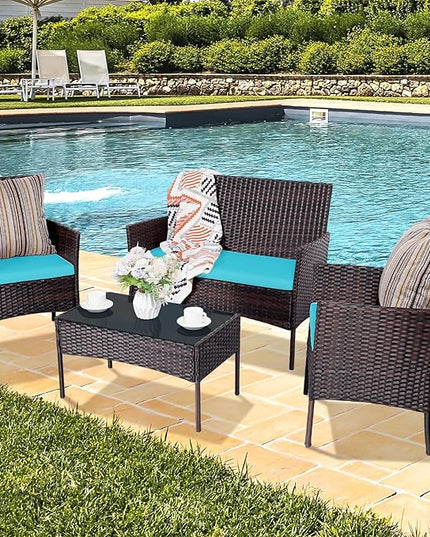 Patio Furniture Set,4 Piece Garden Conversation Set, Outdoor Wicker Rattan Table and Chairs, Black Patio Set, Sectional Sofa with Thick Cushion for Garden, Yard, or Porch (Brown/Blue) - LeafyLoom