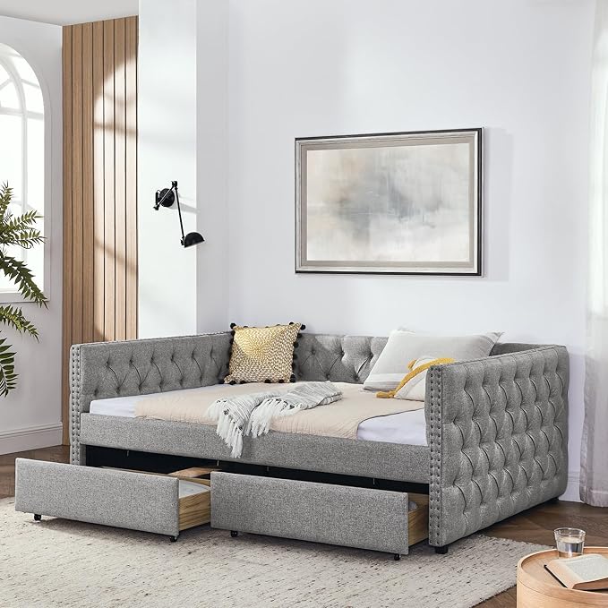 Full Size Upholstered Daybed, Pull Out with Two Storage Drawers, Solid Wood Frame Bed, Tufted Buttons and Copper Nails On Square Arms, for Bedrooms,Apartments, Grey-1 - LeafyLoom