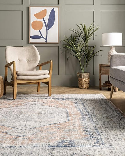 nuLOOM 6x9 Machine Washable Rain Haven Vintage Medallion Area Rug, Peach, Traditional Faded Design, Non-Slip Backing, Stain Resistant, For Bedroom, Dining Room, Living Room, Kitchen - LeafyLoom