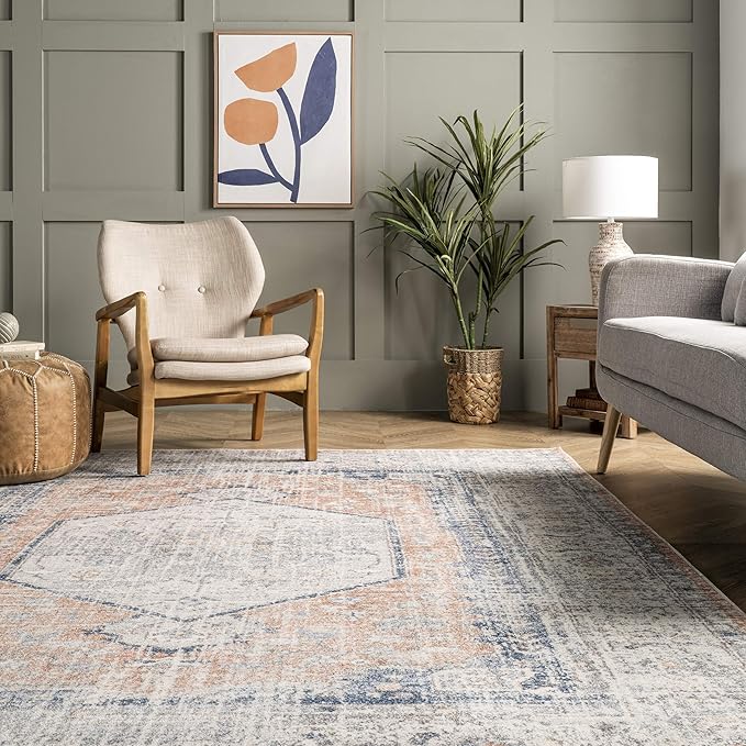 nuLOOM 6x9 Machine Washable Rain Haven Vintage Medallion Area Rug, Peach, Traditional Faded Design, Non-Slip Backing, Stain Resistant, For Bedroom, Dining Room, Living Room, Kitchen - LeafyLoom