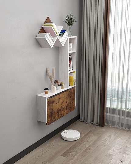 Folding Wall Mounted Drop Leaf Table, Foldable Desk with Moveable Cabinets, Floating Laptop with Convertible Storage Shelves, Multifunctional Computer Workstation in Home for Space Saving - LeafyLoom