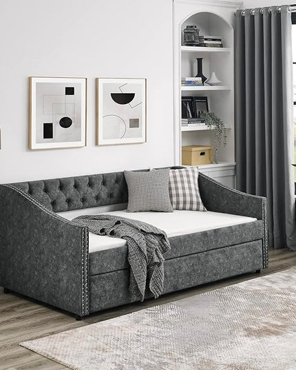 RITSU Twin Size Daybed Pull Out Upholstered, with Casters，Tufted Buttons on Back, Wooden Frame Sofa Bed, Copper Nail on Waved Shape Arms, for Bedroom, Living Room, 80.50, Grey-2 - LeafyLoom