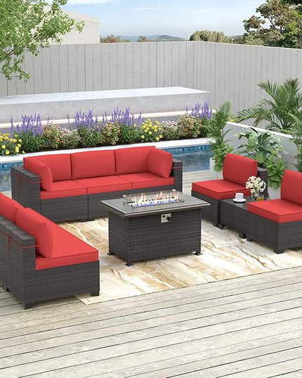 Patio Furniture Sectional Sofa 10 Pieces PE Rattan Patio Conversation Set w/43in Gas Fire Pit Table, Outdoor Furniture with 55000 BTU Propane Fire Pit, Red - LeafyLoom