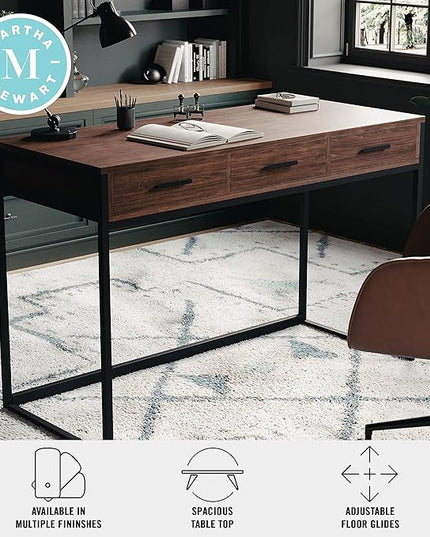 Martha Stewart Ollie Home Office Desk with 3 Drawers in Walnut Wood Grain with Oil Rubbed Bronze Hardware - LeafyLoom