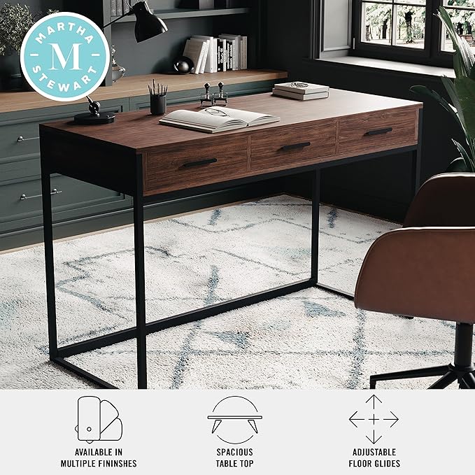 Martha Stewart Ollie Home Office Desk with 3 Drawers in Walnut Wood Grain with Oil Rubbed Bronze Hardware - LeafyLoom