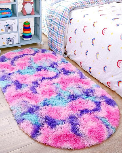 Noahas Oval Fluffy Hot Pink Rainbow Rug 2.6X5.3 Small Kids Rugs for Bedroom Girls Aesthetic,Bedside Bedroom Rug,Ultra Soft Runner Carpet Modern Shaggy Nursery Area Rugs Home Decor - LeafyLoom