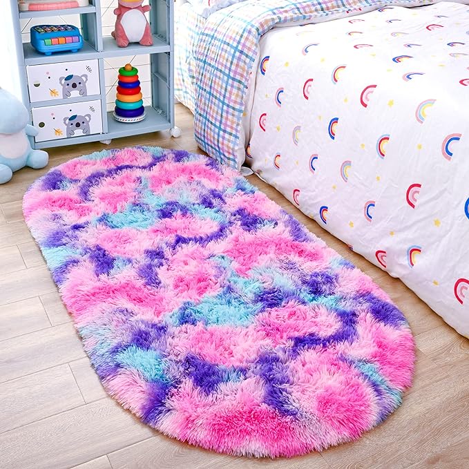 Noahas Oval Fluffy Hot Pink Rainbow Rug 2.6X5.3 Small Kids Rugs for Bedroom Girls Aesthetic,Bedside Bedroom Rug,Ultra Soft Runner Carpet Modern Shaggy Nursery Area Rugs Home Decor - LeafyLoom