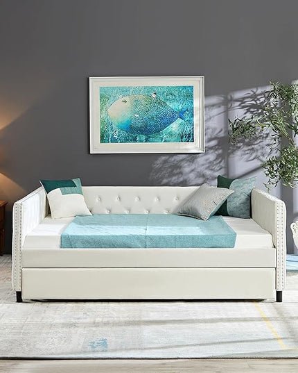 Velvet Upholstered Full Size Daybed with Twin Trundle, Solid Wooden Sofa Bed Frame w/Button Tufted Backrest, No Box Spring Needed, for Bedroom, Living, Guest Room - LeafyLoom