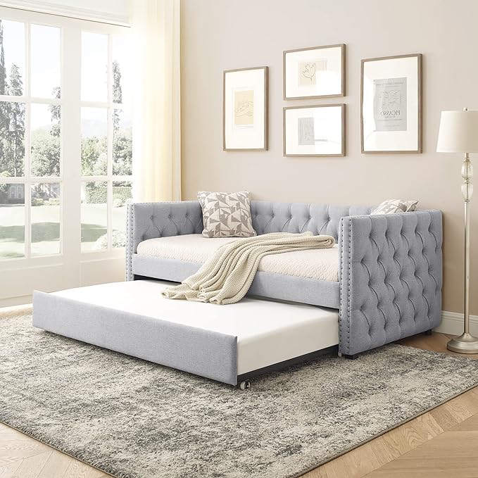 Upholstered Twin Size Daybed with Trundle,Solid Wooden Sofa Bed Frame W/Button Tufted & Copper Nail on Square Arms,No Spring Box Need,Bedframe for Living Room Bedroom Dorm,Grey Linen - LeafyLoom