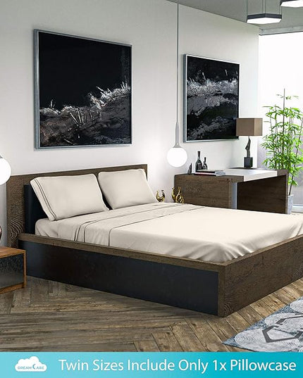 DREAMCARE Queen Size Sheets - Cooling Bed Sheets - 4pcs Set - up to 15" Deep Pocket Queen Sheet Set - Sheets Queen Size Bed - Soft & Long Lasting 100% Fine Brushed Polyester with Side Pocket - Ivory - LeafyLoom