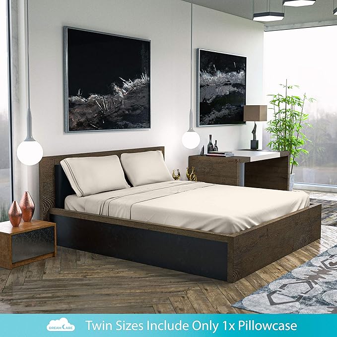 DREAMCARE Queen Size Sheets - Cooling Bed Sheets - 4pcs Set - up to 15" Deep Pocket Queen Sheet Set - Sheets Queen Size Bed - Soft & Long Lasting 100% Fine Brushed Polyester with Side Pocket - Ivory - LeafyLoom