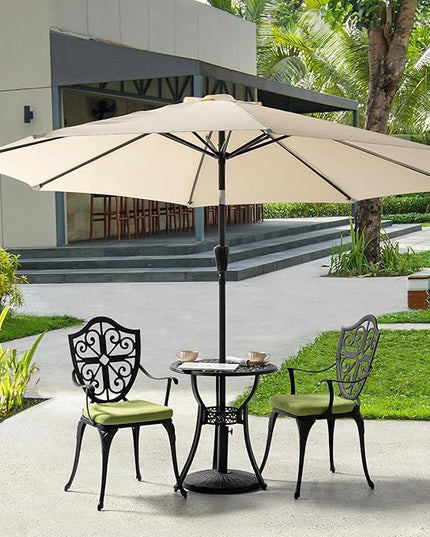NUU GARDEN 3 Piece Outdoor Bistro Set Cast Aluminum Patio Set Bistro Table Set Rustproof Patio Table and Chairs with Umbrella Hole and Green Cushions for Backyard, Balcony, Porch, Black - LeafyLoom