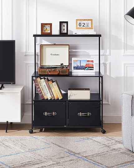 VECELO Mobile Lateral File Cabinet Rolling Printer Stand with 3 Open Storage Shelf, Ideal for Letter Size Folders, with Lockable Casters, Strong Steel Frame, Perfect for Office, Black, 2 Drawer - LeafyLoom