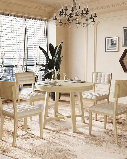 Rustic 42inch Round Dining Table Set for 4 with Cross Legs and Upholstered Chairs for Small Places, Natural - LeafyLoom