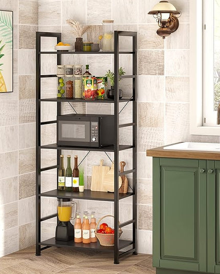 VERMESS Bookshelf Black, 5 Tier Shelving Unit Tall Book Shelf, Wood Bookcase with Open Shelves, Industrial Standing Storage Bookshelves Metal Display Rack for Living Room, Bedroom, Home, Office - LeafyLoom