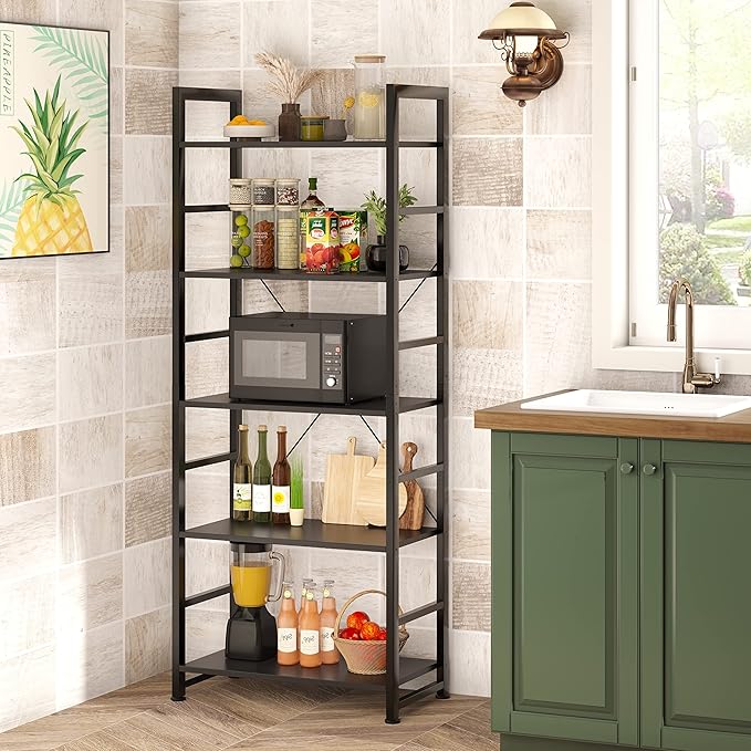 VERMESS Bookshelf Black, 5 Tier Shelving Unit Tall Book Shelf, Wood Bookcase with Open Shelves, Industrial Standing Storage Bookshelves Metal Display Rack for Living Room, Bedroom, Home, Office - LeafyLoom