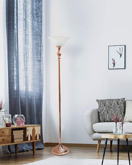 Elegant Designs LF2001-RGD 1 Light Torchiere Marbleized White Glass Shade Floor Lamp, Rose Gold - LeafyLoom