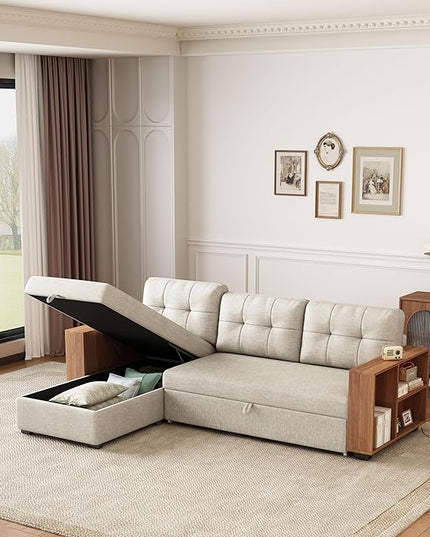 Convertible L Shaped Pull Out Couch with Storage Chaise and Wood Cabinet Armrests,Sectional Sleeper Sofa Bed W/ 3 Removable Back Cushions for Living Room,Office,Apartment,Beige,84" - LeafyLoom