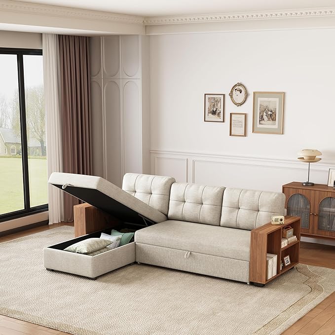 Convertible L Shaped Pull Out Couch with Storage Chaise and Wood Cabinet Armrests,Sectional Sleeper Sofa Bed W/ 3 Removable Back Cushions for Living Room,Office,Apartment,Beige,84" - LeafyLoom