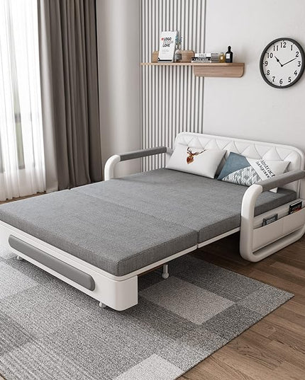 62" Modern Light Gray Cotton Linen Upholstered Convertible Pull Out Sofa Bed Storage - LeafyLoom