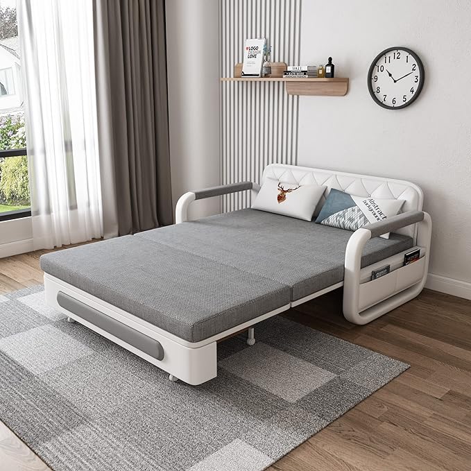 62" Modern Light Gray Cotton Linen Upholstered Convertible Pull Out Sofa Bed Storage - LeafyLoom