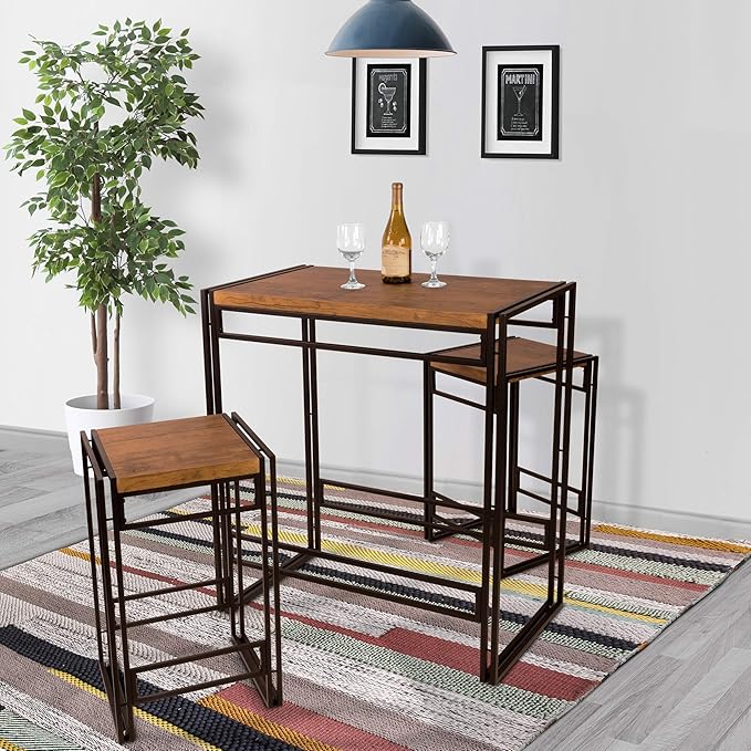 Atlantic Urban Dining Set, Bar Height Table and 2 Stools, 3 Piece Set. Woodgrain & Black PN 82008132 - LeafyLoom