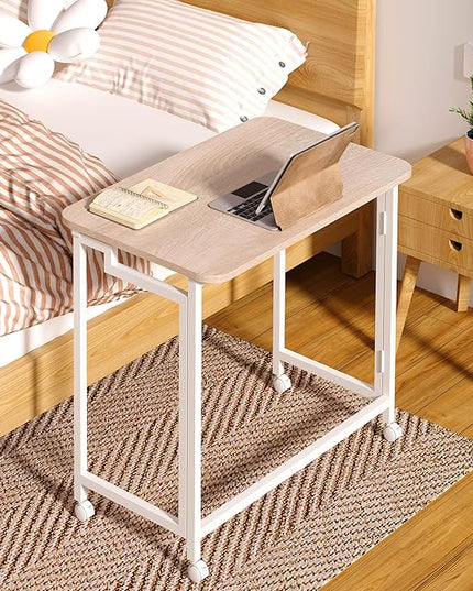 4NM 23.6" Mobile Small Folding Desk, Adjustable Rolling Compact Laptop Cart Desk, Couch Desk, Bed Desk for Laptop for Small Space Offices - Natural and White - LeafyLoom