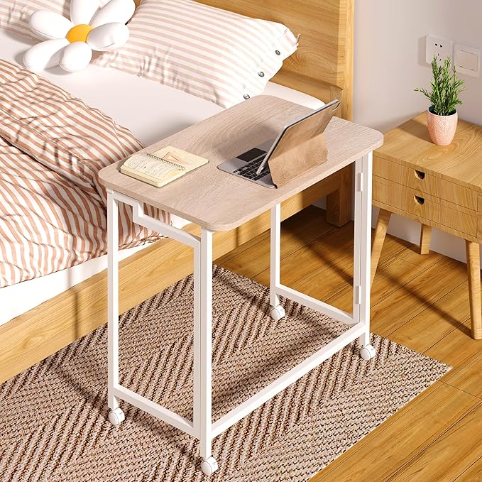 4NM 23.6" Mobile Small Folding Desk, Adjustable Rolling Compact Laptop Cart Desk, Couch Desk, Bed Desk for Laptop for Small Space Offices - Natural and White - LeafyLoom