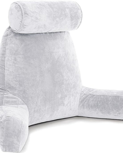 Husband Pillow XXL Light Grey Backrest with Arms - Adult Reading Pillow Shredded Memory Foam, Ultra-Comfy Removable Microplush Cover & Detachable Neck Roll, Unmatched Support Sit Up Bed Rest Chair - LeafyLoom