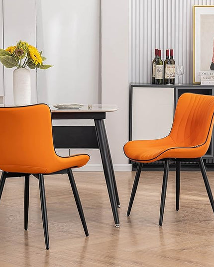 YOUTASTE Dining Chairs Set of 2 Upholstered Mid Century Modern Kitchen Dining Room Chairs Armless Faux Leather Accent Chairs Metal Vanity Lounge Chair with Back for Living Room Bedrooms,Orange - LeafyLoom