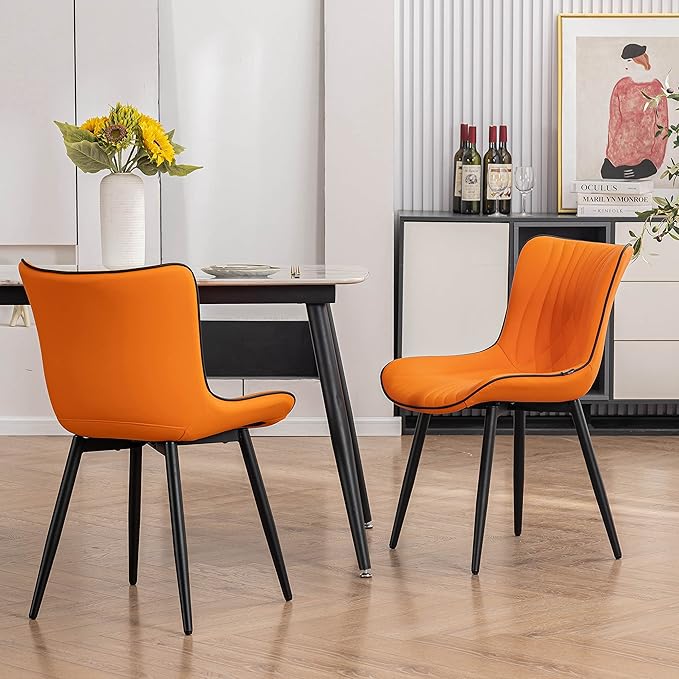 YOUTASTE Dining Chairs Set of 2 Upholstered Mid Century Modern Kitchen Dining Room Chairs Armless Faux Leather Accent Chairs Metal Vanity Lounge Chair with Back for Living Room Bedrooms,Orange - LeafyLoom