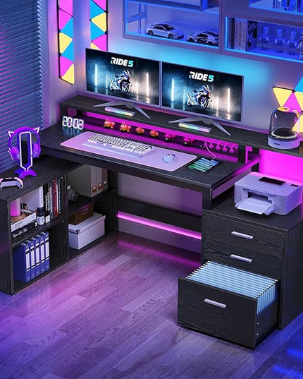 DWVO L Shaped Desk with Power Outlets & LED Lights, 65" Computer Desk with Drawers, Corner Desk Office Desk with File Cabinet & Printer Stand, Black - LeafyLoom