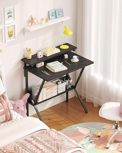 COTUBLR Small Desk, 27.5 Inch Small Computer Desk for Small Spaces, Computer Desk with Adjustable Monitor Stand, Compact Desk with Storage, Tiny Desk Study Desk for Bedroom Home Office, Black - LeafyLoom