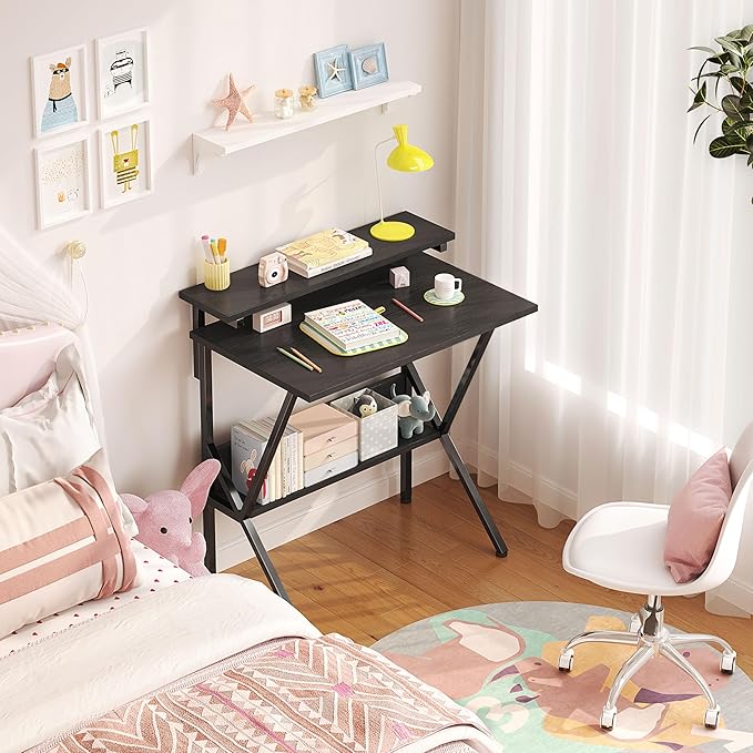 COTUBLR Small Desk, 27.5 Inch Small Computer Desk for Small Spaces, Computer Desk with Adjustable Monitor Stand, Compact Desk with Storage, Tiny Desk Study Desk for Bedroom Home Office, Black - LeafyLoom