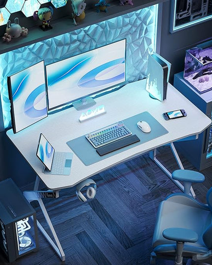 CubiCubi Simple Gaming Desk Z Shaped 40 inch Gamer Workstation, Home Computer Carbon Fiber Surface Gaming Desk PC Table with Headphone Hook, White - LeafyLoom