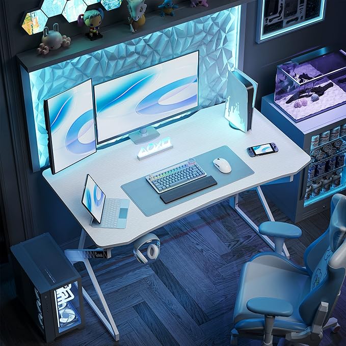 CubiCubi Simple Gaming Desk Z Shaped 40 inch Gamer Workstation, Home Computer Carbon Fiber Surface Gaming Desk PC Table with Headphone Hook, White - LeafyLoom