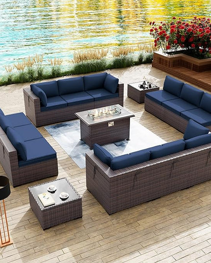 Kullavik 15PCS Outdoor Patio Furniture Set with 43" 55000BTU Gas Propane Fire Pit Table PE Wicker Rattan Sectional Sofa Patio Conversation Sets,Dark Blue - LeafyLoom