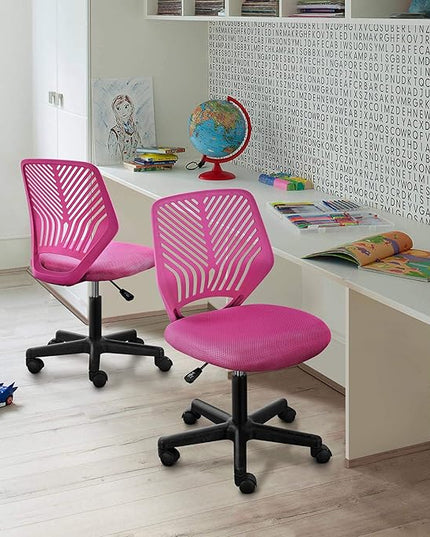 Yaheetech Students Cute Desk Chair Low-Back Armless Study Chair w/Lumbar Support Adjustable Swivel Chair in Home Bedroom School, Rose Red - LeafyLoom