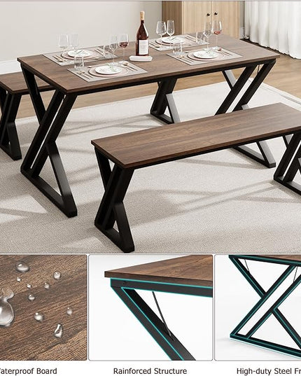 IDEALHOUSE Kitchen Table with Benches, Dining Table Benches Set for 4-6, Rectangular Kitchen Table Set with Sturdy Metal Frame, Saving Space for Kitchen, Dining Room, Apartment, 55", Retro Brown - LeafyLoom