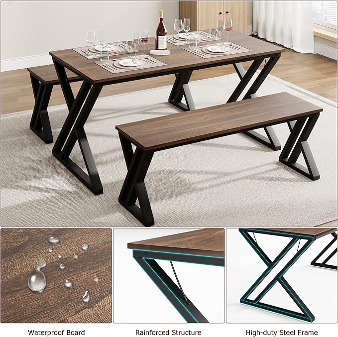 IDEALHOUSE Kitchen Table with Benches, Dining Table Benches Set for 4-6, Rectangular Kitchen Table Set with Sturdy Metal Frame, Saving Space for Kitchen, Dining Room, Apartment, 55", Retro Brown - LeafyLoom