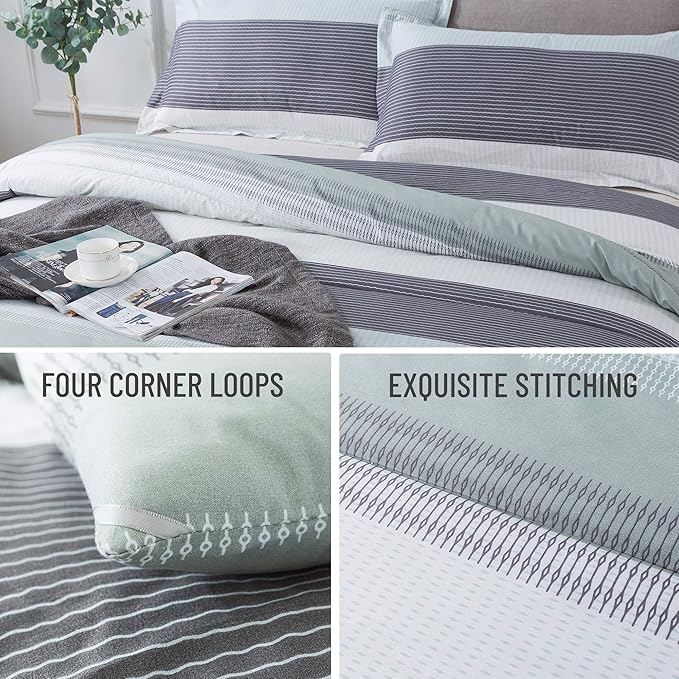 Andency Stripe Comforter Set Twin Size (66x90 Inch), 2 Pieces Mint Green Patchwork Striped Comforter, Soft Microfiber Down Alternative Comforter Bedding Set with Corner Loops (Mint, White, Grey) - LeafyLoom