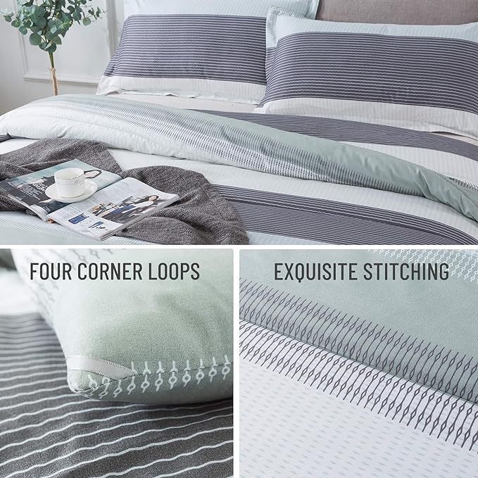 Andency Stripe Comforter Set Full Size (79x90 Inch), 3 Pieces Mint Green Patchwork Striped Comforter, Soft Microfiber Down Alternative Comforter Bedding Set with Corner Loops - LeafyLoom