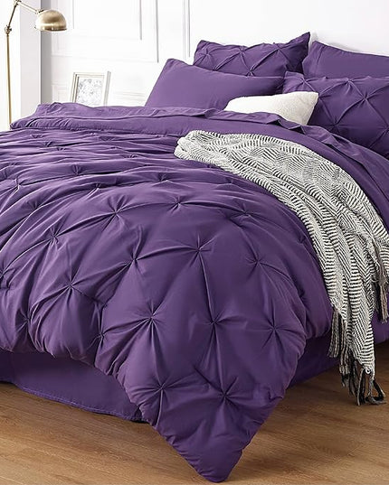 Bedsure Purple Comforter Set Queen - Bed in a Bag Queen 7 Pieces, Pintuck Bedding Sets Purple Bed Set with Comforter, Sheets, Pillowcases & Shams - LeafyLoom