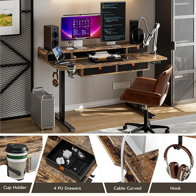 Deeper Electric Standing Desk Adjustable Height Stand Up Desk, 55" x 30" Sit Stand Desk, Quiet Home Office Desk, Large Workspace, Black table (Rustic Brown) - LeafyLoom