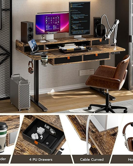 Standing Desk with Drawers 63x30 Inches large Standing Desk,Adjustable Height Desk with 4 PU Drawers,Storage Shelvers Sit Stand Up Desk,Home Office Computer Desk(Rustic Brown) - LeafyLoom