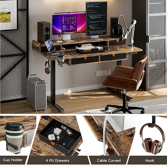 Standing Desk with Drawers 63x30 Inches large Standing Desk,Adjustable Height Desk with 4 PU Drawers,Storage Shelvers Sit Stand Up Desk,Home Office Computer Desk(Rustic Brown) - LeafyLoom