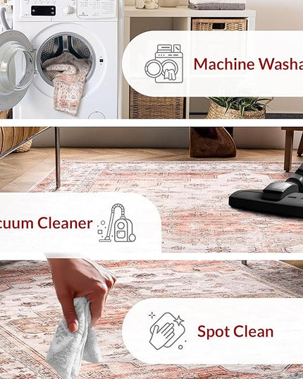 nuLOOM 8x10 Machine Washable Rain Haven Vintage Medallion Area Rug, Beige, Traditional Faded Design, Non-Slip Backing, Stain Resistant, For Bedroom, Dining Room, Living Room, Kitchen - LeafyLoom
